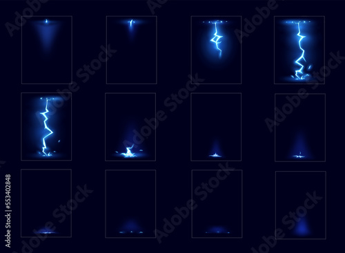 Cartoon lightning sprite animation. Blue vector thunderbolt strikes animated sheet, sequence frame vfx effect. Electric thunder impact at night, isolated sparking discharge hit storyboard