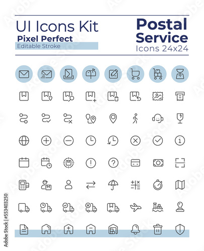 Postal service pixel perfect linear ui icons set. Parcel delivery. Send and receive letter. Mailing. Outline isolated user interface elements. Editable stroke. Montserrat Bold, Light fonts used