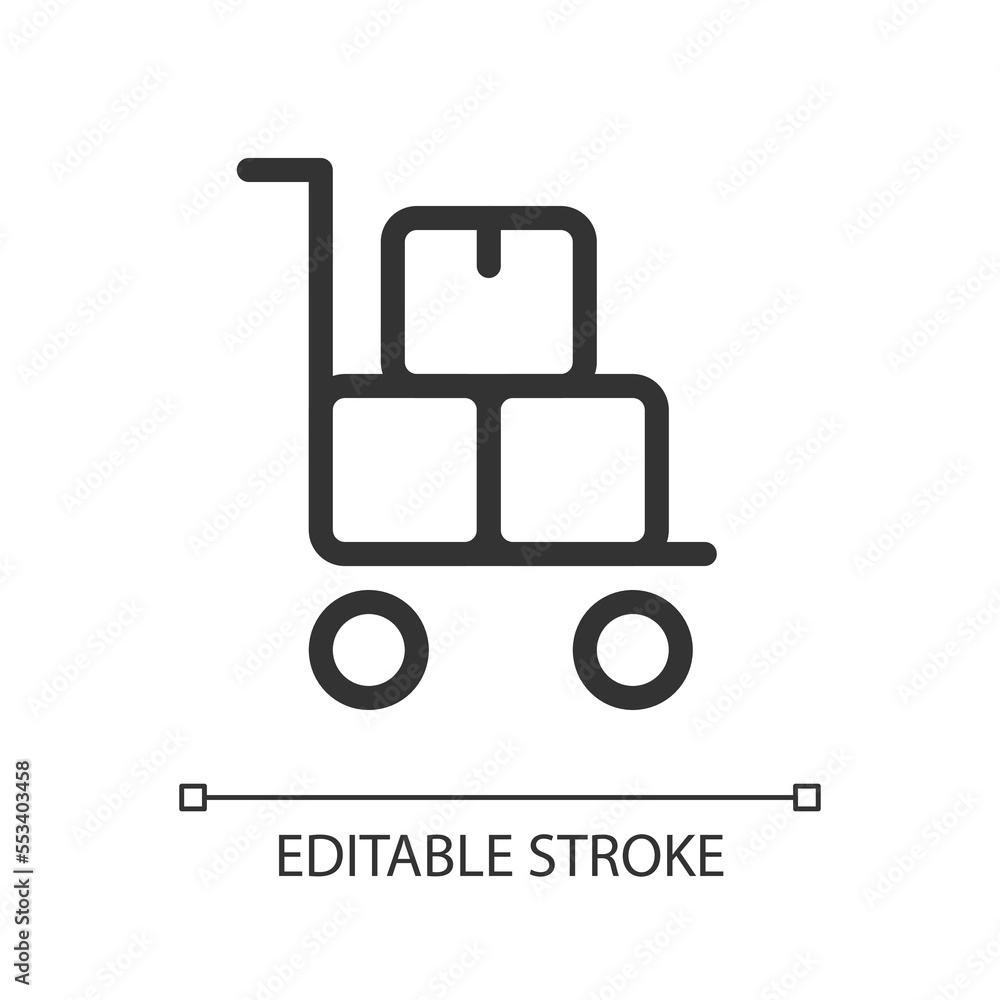 Pallet truck with parcels pixel perfect linear ui icon. Warehouse equipment. Delivery service. GUI, UX design. Outline isolated user interface element for app and web. Editable stroke. Arial font used Pallet truck with parcels pixel perfect linear ui icon. Warehouse equipment. Delivery service. GUI, UX design. Outline isolated user interface element for app and web. Editable stroke. Arial font used