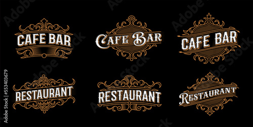 Vintage label restaurant, cafe, bar. Catering icon, retro emblem with flourish ornaments and classic typography. Restaurant elegant label, cafe or bar vector premium tag or antique design symbol