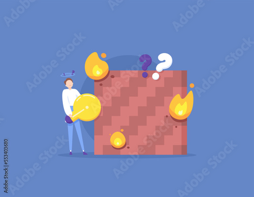 burnout, stuck mind, dead end to get an idea or solution. a businessman is blocked by a burning wall. questions, obstacles, and challenges. illustration concept design. graphic elements