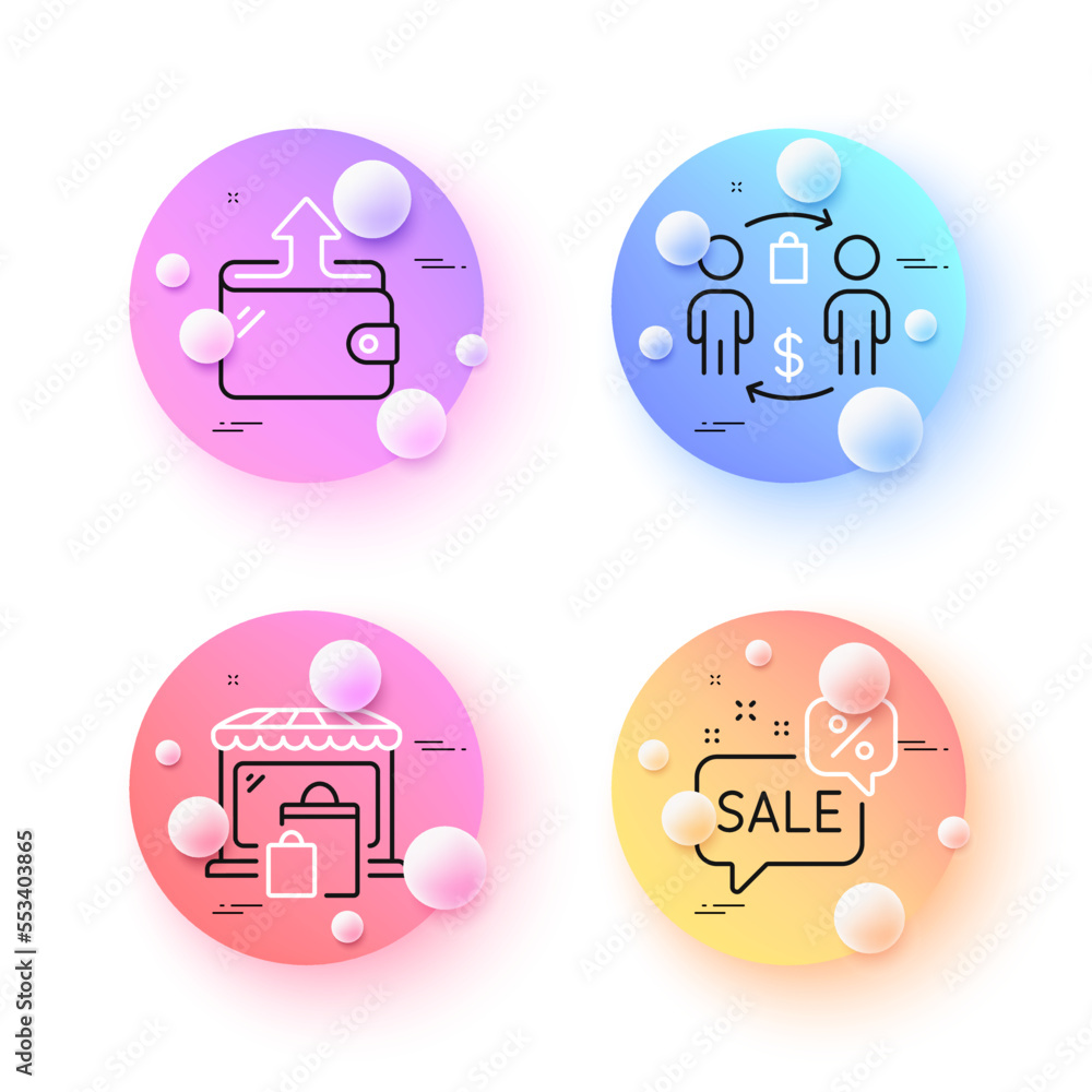 Discounts bubble, Wallet and Buying process minimal line icons. 3d spheres or balls buttons. Market icons. For web, application, printing. Sale message, Send money, Supermarket bag. Vector