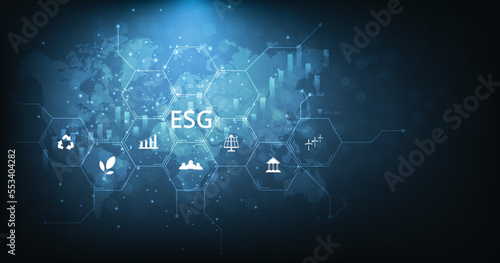 Environmental Social and Governance (ESG) concept.The company development of a nature conservation strategy and Solving environmental, social and management problems with figure icons.