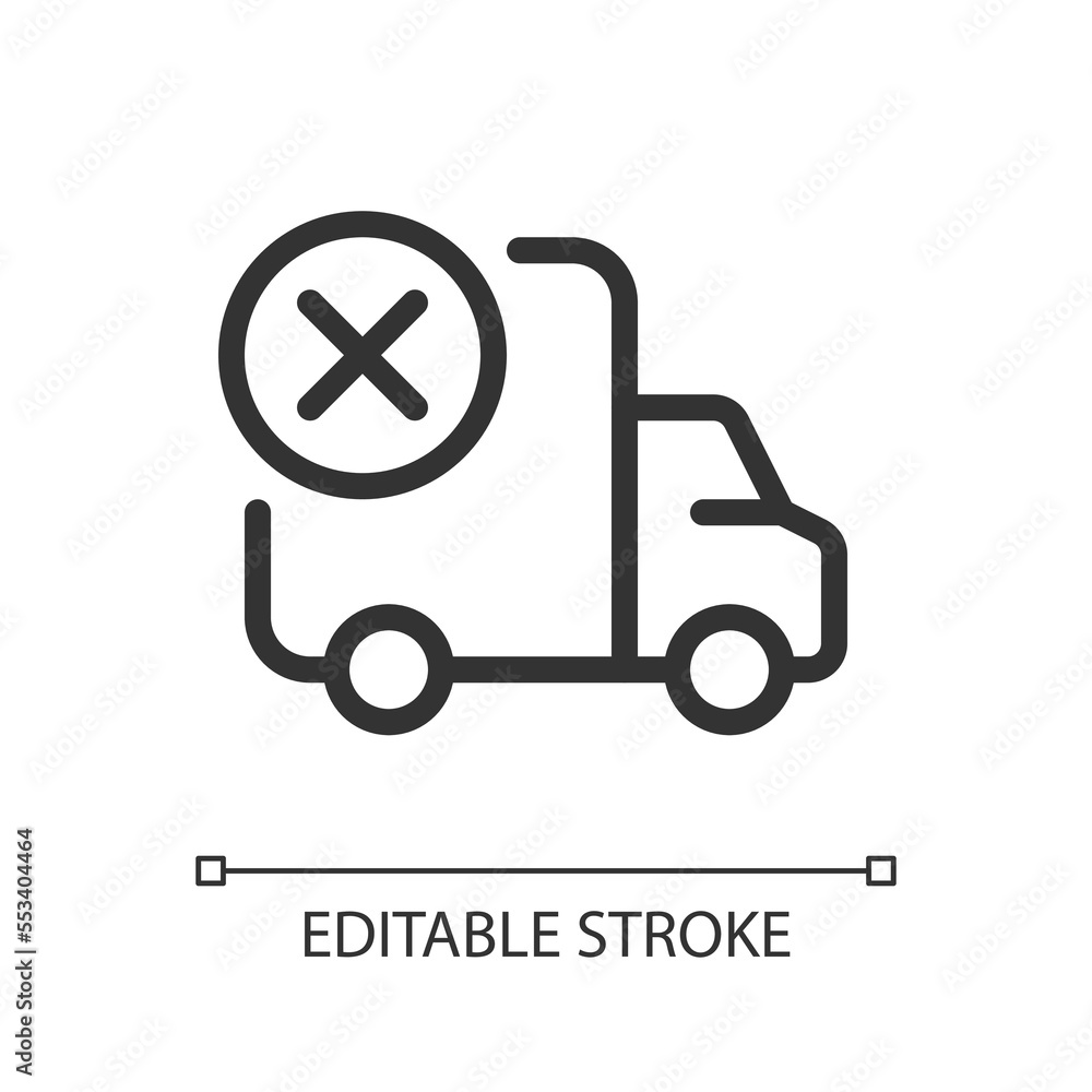 Shipment failed pixel perfect linear ui icon. Cancel cargo transportation. Delivery failure. GUI, UX design. Outline isolated user interface element for app and web. Editable stroke. Arial font used