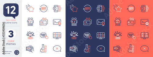 Set of Smartphone sms, Reject and Verified mail line icons. Include Card, Video conference, Online voting icons. Image album, Quick tips, Chemistry lab web elements. Falling star. Vector
