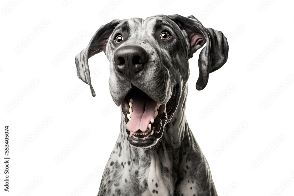 Happy Great Dane dog smiling on isolated on transparent background. Portrait of a cute Great Dane dog. Digital art - obrazy, fototapety, plakaty 