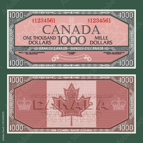 Vector vintage fictional Canadian money. Obverse and reverse of the gaming banknote with guilloche frame. The inscriptions in French mean one thousand dollars and bank of Canada.