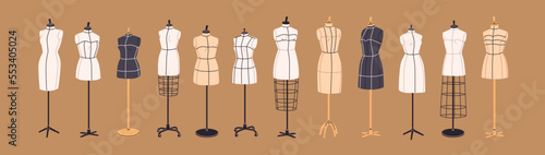 Mannequin, tailors dummies set. Sewing manikin models, women torsos, body shapes, textile female figures for fashion clothes design, dressmaking, measurement. Isolated flat vector illustrations