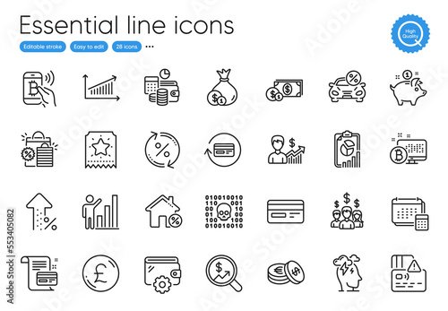 Shopping bags, Report and Wallet line icons. Collection of Saving money, Savings, Card icons. Loan house, Refund commission, Binary code web elements. Account, Pound money, Graph chart. Vector