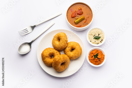 Sambar Vada or Medu vadai with sambhar and chutney - Popular South Indian snack or breakfast