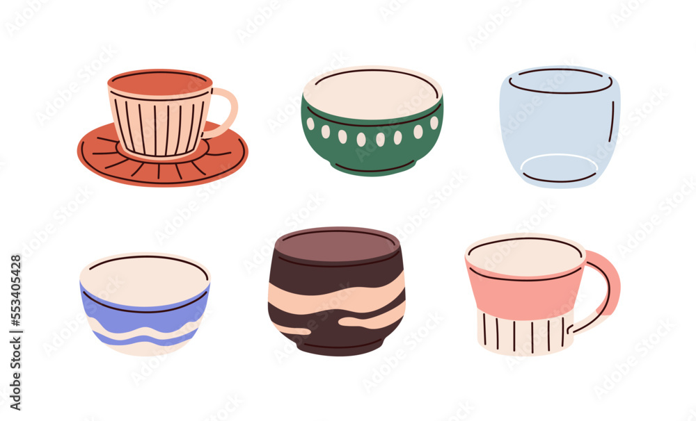 Empty tea cups, mugs, ceramic bowls, glass, porcelain beakers set. Different teacups designs, types. Tableware, dishware for drinks, beverages. Flat vector illustrations isolated on white background
