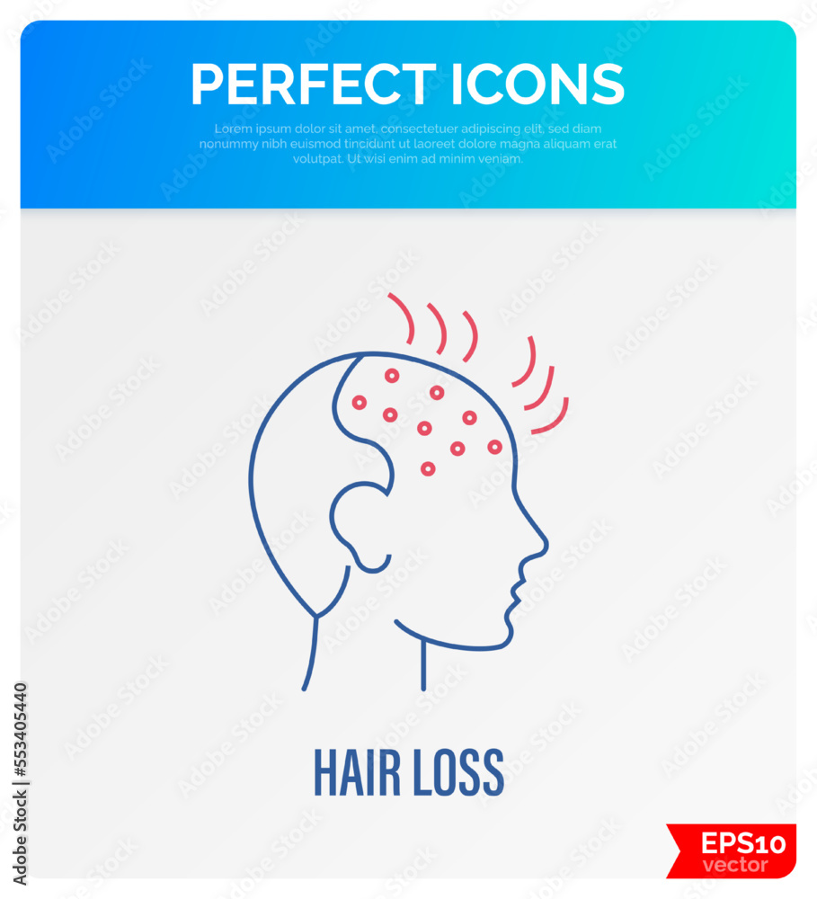 Hair loss. Bald place on men scalp. Alopecia thin line icon. Vector illustration.