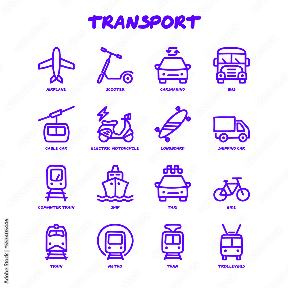 Transport doodle icons set. Metro, train, trolleybus, airplane, scooter, carsharing, bus, cable car, electric motorcycle, longboard. Vector illustration.