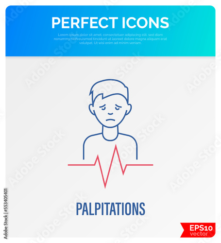 Heart palpitation thin line icon. Heart failure, shortness of breath, arrthythmia, long covid syndrome. Vector illustration.