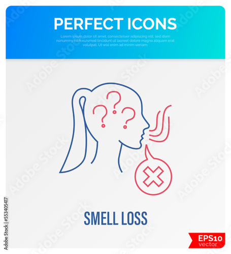 Smell loss, anosmia thin line icon. Girl sniffing. Vector illustration.