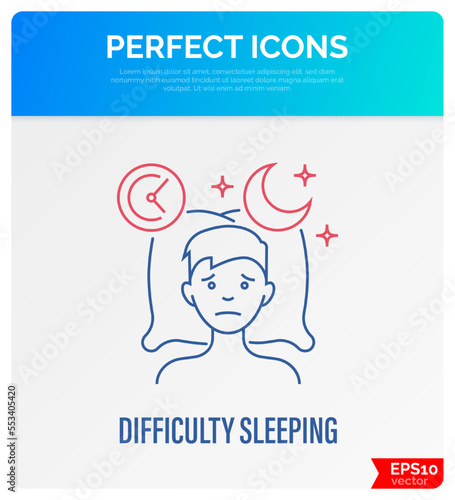 Insomnia: tired man lying on pillow, sleepless, depression, stress. Thin line icon. Vector illustration.