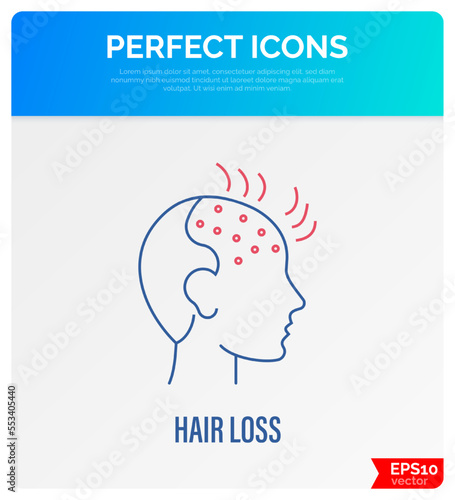 Hair loss. Bald place on men scalp. Alopecia thin line icon. Vector illustration.