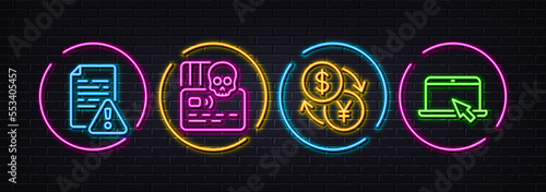 Instruction manual, Cyber attack and Currency exchange minimal line icons. Neon laser 3d lights. Portable computer icons. For web, application, printing. Vector