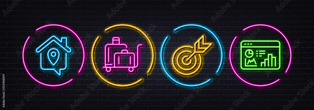Target, Luggage trolley and Work home minimal line icons. Neon laser 3d lights. Seo statistics icons. For web, application, printing. Targeting, Baggage cart, Outsource work. Analytics chart. Vector