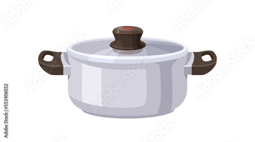 Metal saucepan. Stainless steel sauce pan, kitchen cooking utensil. Clean aluminum pot covered with glass lid, kitchenware. Flat vector illustration isolated on white background