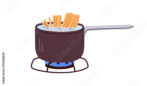 Pasta pot with boiling water and Italian spaghetti. Open saucepan on burning gas. Cook process in sauce pan on cookers fire. Cooking on stove. Flat vector illustration isolated on white background