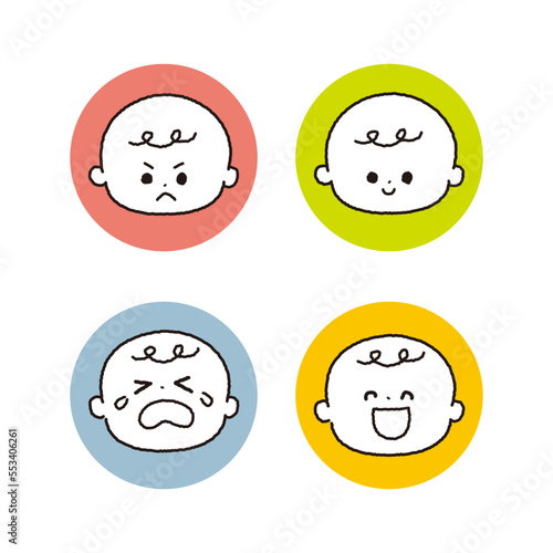 喜怒哀楽赤ちゃんの顔アイコン白黒線画背景付きセット