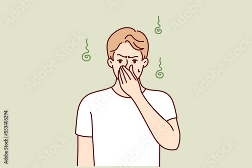 Dissatisfied man pinching nose with hand while suffering from unpleasant smell sweat. Guy is experiencing discomfort due to non-compliance with hygiene standards or health problems. Flat vector image