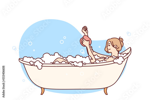 Young woman enjoys rubbing hand with washcloth bathing and relaxing after hard day at work. Optimistic girl lies in bath among foam and soap bubbles and smiles. Flat vector design 