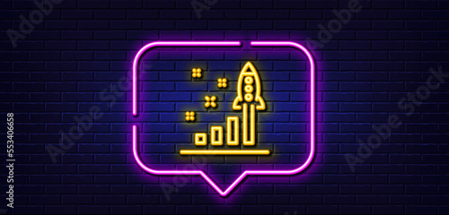 Neon light speech bubble. Development plan line icon. Launch Startup business sign. Innovation symbol. Neon light background. Development plan glow line. Brick wall banner. Vector
