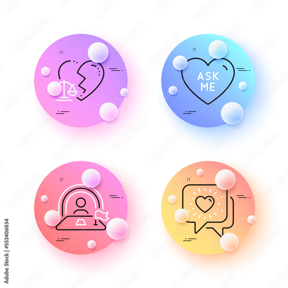 Lgbt, Divorce lawyer and Friends chat minimal line icons. 3d spheres or balls buttons. Ask me icons. For web, application, printing. Work review, Broken heart, Friendship. Love sweetheart. Vector