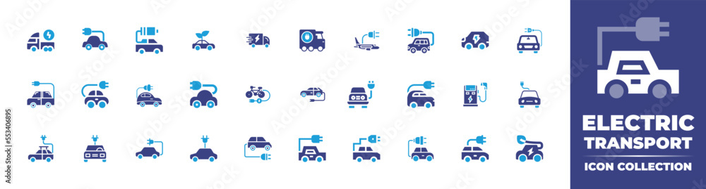Electric transport icon Collection. Duotone color. Vector illustration. Containing electric transport, eco car, car battery, car, truck, electric car, electric bicycle, electric charge, and more.