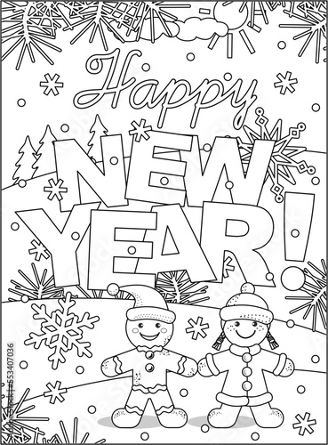 Coloring page, sign or poster with Happy New Year greeting, outdoor winter scene, gingerbread man and snow maiden girl

