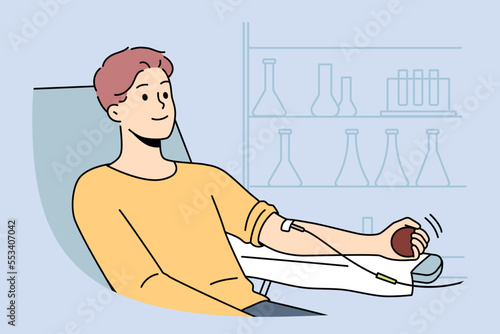 Smiling young man sit in chair in hospital get medicaments with dropper. Happy male patient in clinic receive treatment or medication with infusion. Vector illustration. 