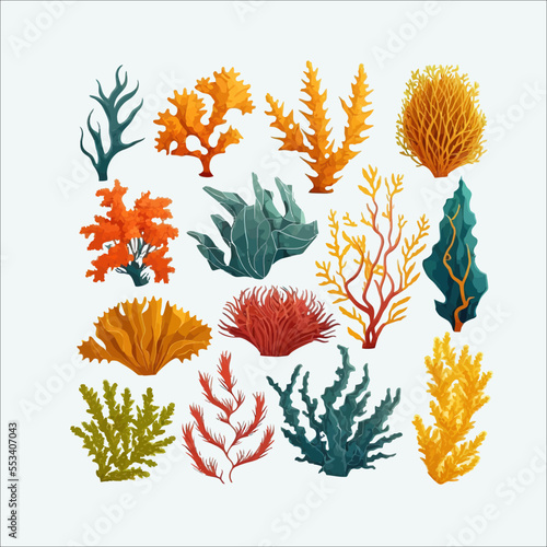 Cartoon ocean plants. Anemones, corals and seaweed, marine kelp, Isolated on a white background. Vector illustration