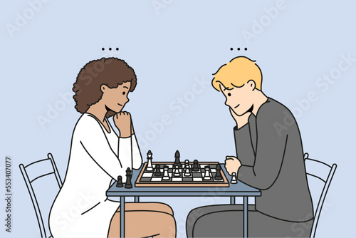 Happy couple sit at desk playing chess together. Man and woman engaged in logical board game at table. Hobby and entertainment. Vector illustration. 