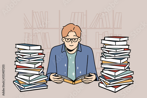 Smart young man in glasses sit in library with pile of books reading. Clever guy enjoy literature studying at desk with textbooks stacks. Vector illustration. 