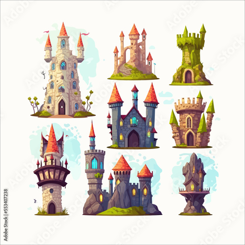 Fairytale medieval towers. Cartoon royal kingdom towers. Isolated on a white background. Vector illustration