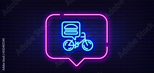 Neon light speech bubble. Food delivery bike line icon. Contactless meal order sign. Grocery delivery symbol. Neon light background. Food delivery glow line. Brick wall banner. Vector