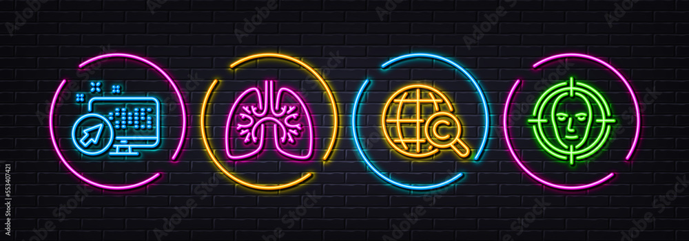 Lungs, International Ð¡opyright and Web system minimal line icons. Neon laser 3d lights. Face detect icons. For web, application, printing. Respiratory pneumonia, World copywriting, Computer. Vector