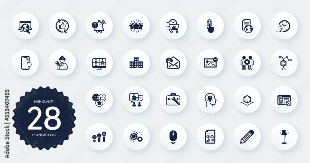 Set of Technology icons, such as Delivery time, Repairman and Remove image flat icons. Receive mail, Gears, Internet web elements. Company, Food delivery, Pencil signs. Tool case. Vector Set of Technology icons, such as Delivery time, Repairman and Remove image flat icons. Receive mail, Gears, Internet web elements. Company, Food delivery, Pencil signs. Tool case. Vector