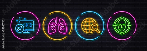 Lungs, International Ð¡opyright and Web system minimal line icons. Neon laser 3d lights. Face detect icons. For web, application, printing. Respiratory pneumonia, World copywriting, Computer. Vector