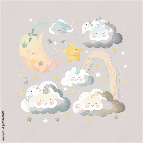 Baby room, nursery decoration with cute moon. Isolated on a white background. Vector illustration