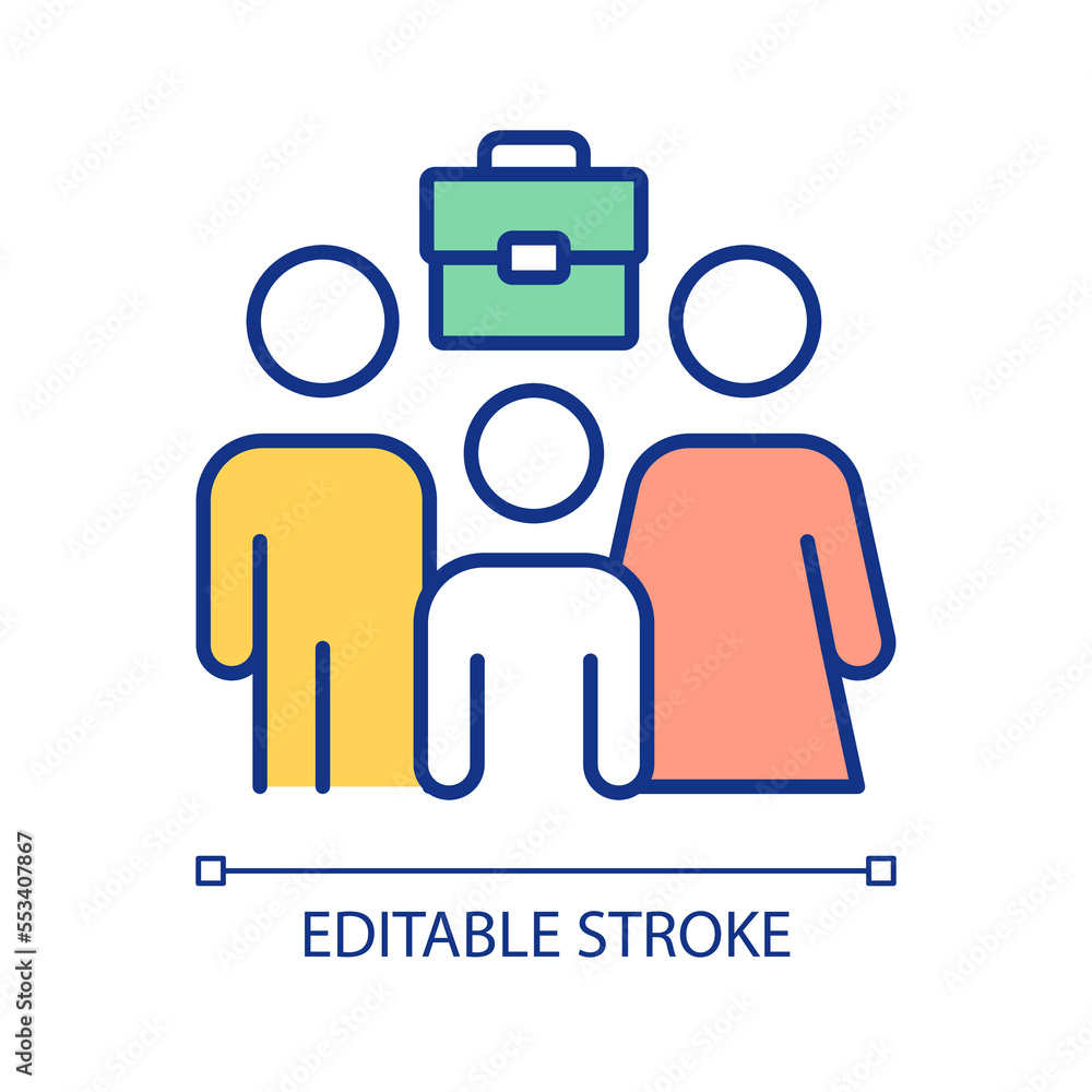 Parents career effect on child RGB color icon. Social protection. Married couple and son. Childcare law. Isolated vector illustration. Simple filled line drawing. Editable stroke. Arial font used Parents career effect on child RGB color icon. Social protection. Married couple and son. Childcare law. Isolated vector illustration. Simple filled line drawing. Editable stroke. Arial font used