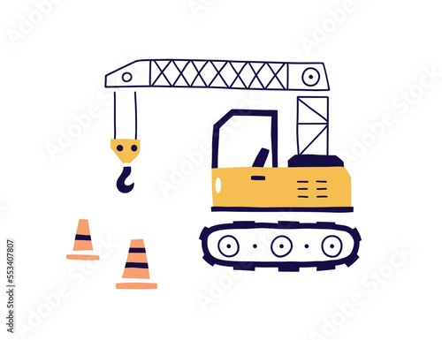 Crawler crane, cute construction transport in Scandinavian style. Industry vehicle with lifting arm for building and road repair. Childish Scandi flat vector illustration isolated on white background