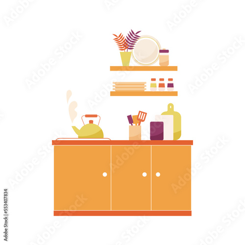 Vector flat illustration of kitchen interior with boiling teapot, appliances and kitchenware. 