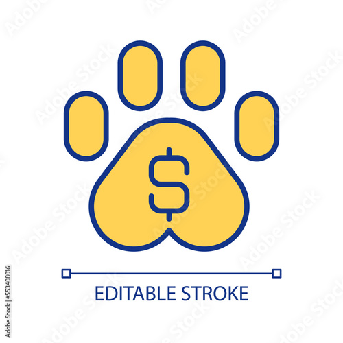 Animal donations RGB color icon. Profitable pet business. Paw with money sign. Dog and cat ownership cost. Isolated vector illustration. Simple filled line drawing. Editable stroke. Arial font used