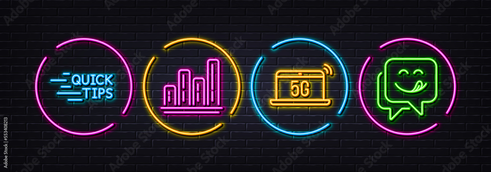 Education, Graph chart and 5g notebook minimal line icons. Neon laser 3d lights. Yummy smile icons. For web, application, printing. Quick tips, Growth report, Wireless laptop. Emoticon. Vector