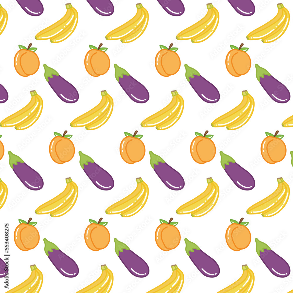 Seamless pattern of cute shiny apricots, eggplants, banana. Hand drawn flat vector illustration isolated on white background. For textile print, wallpaper, wrapping paper, greeting card, gift Seamless pattern of cute shiny apricots, eggplants, banana. Hand drawn flat vector illustration isolated on white background. For textile print, wallpaper, wrapping paper, greeting card, gift