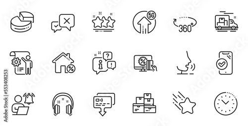 Outline set of Wholesale goods, Loan house and Reject line icons for web application. Talk, information, delivery truck outline icon. Include Stars, Time management, Headphones icons. Vector