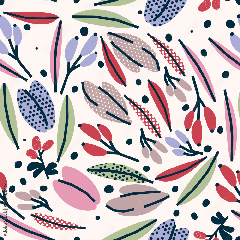Obraz premium Cute botanical seamless pattern with flowers and berries. Vector background, print, design